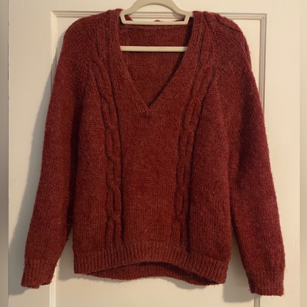 Handmade V-Neck Knit Wool Sweater Rust Orange Size OS